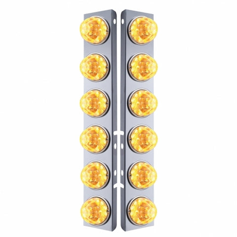 SS Front Air Cleaner Bracket W/12X 17 Amber LED Refl. Watermelon Lights & SS Bezels For Peterbilt-Clear Lens (Pair)