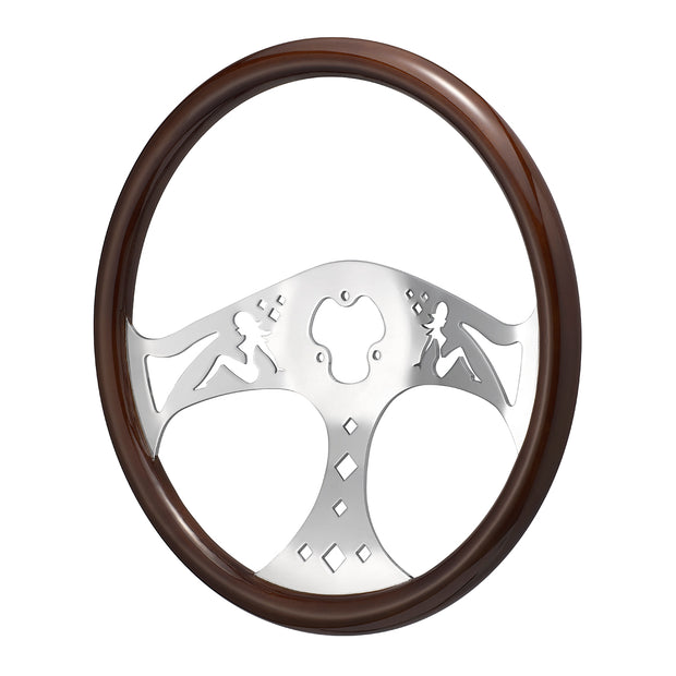 18" Lady Steering Wheel With Chrome Horn Bezel And Horn Button - Woodgrain