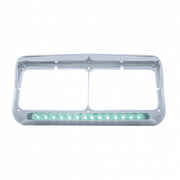 14 LED Chrome Rectangular Dual Headlight Bezel With Visor - Green LED/Clear Lens
