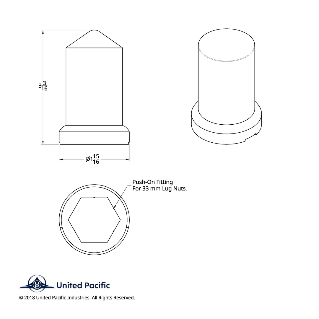33mm X 3-3/16" Chrome Plastic Pointed Nut Covers With Flange - Push-On (60-Pack)