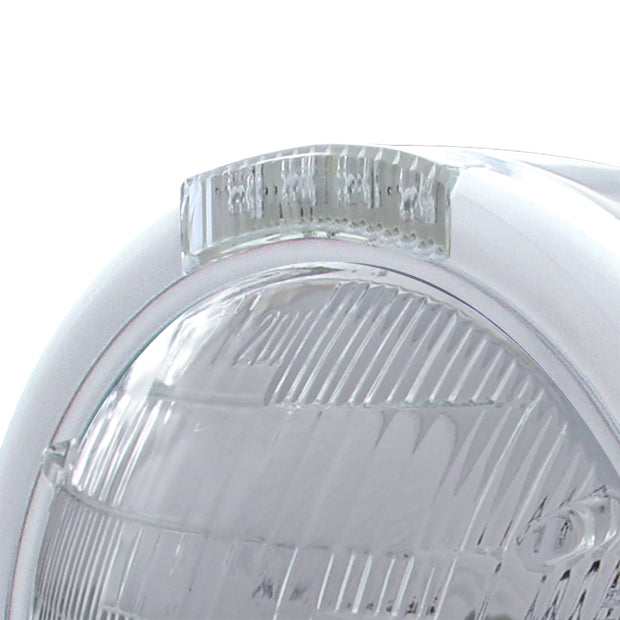 Stainless Steel Classic Half Moon Headlight 6014 Bulb & LED Turn Signal - Clear Lens