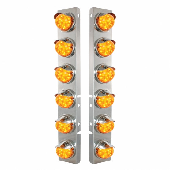 SS Front Air Cleaner Brkt With 12X 17 Amber LED Dual Func. Watermelon Lights & SS Visors For Peterbilt-Amber Lens