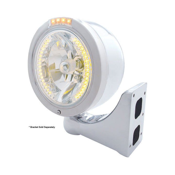 Stainless Steel Bullet Half Moon Headlight H4 With Amber LED &amp; Signal - Clear Lens