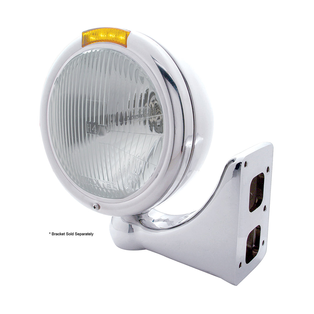 Stainless Steel Classic Headlight H4 Bulb &amp; LED Turn Signal - Amber Lens