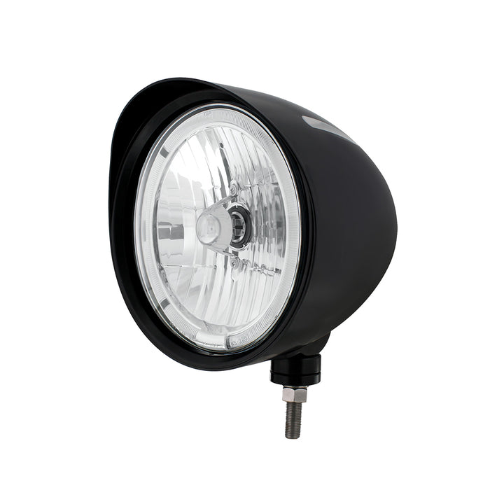 Black "Billet" Style Groove Headlight With Visor 9007 Bulb With White LED Halo Rim