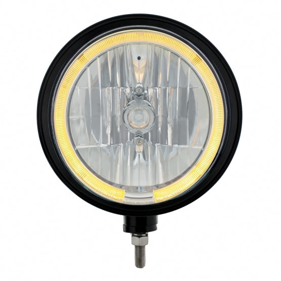 Black "Billet" Style Groove Headlight 9007 Bulb With Amber LED Halo Rim