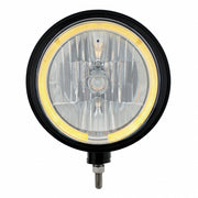 Black "Billet" Style Groove Headlight 9007 Bulb With Amber LED Halo Rim