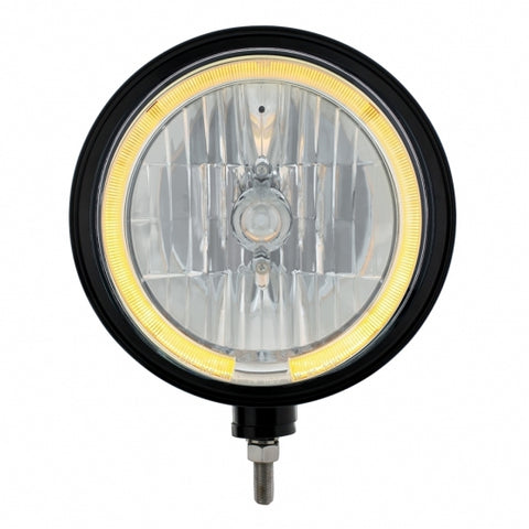 Black "Billet" Style Groove Headlight 9007 Bulb With Amber LED Halo Rim