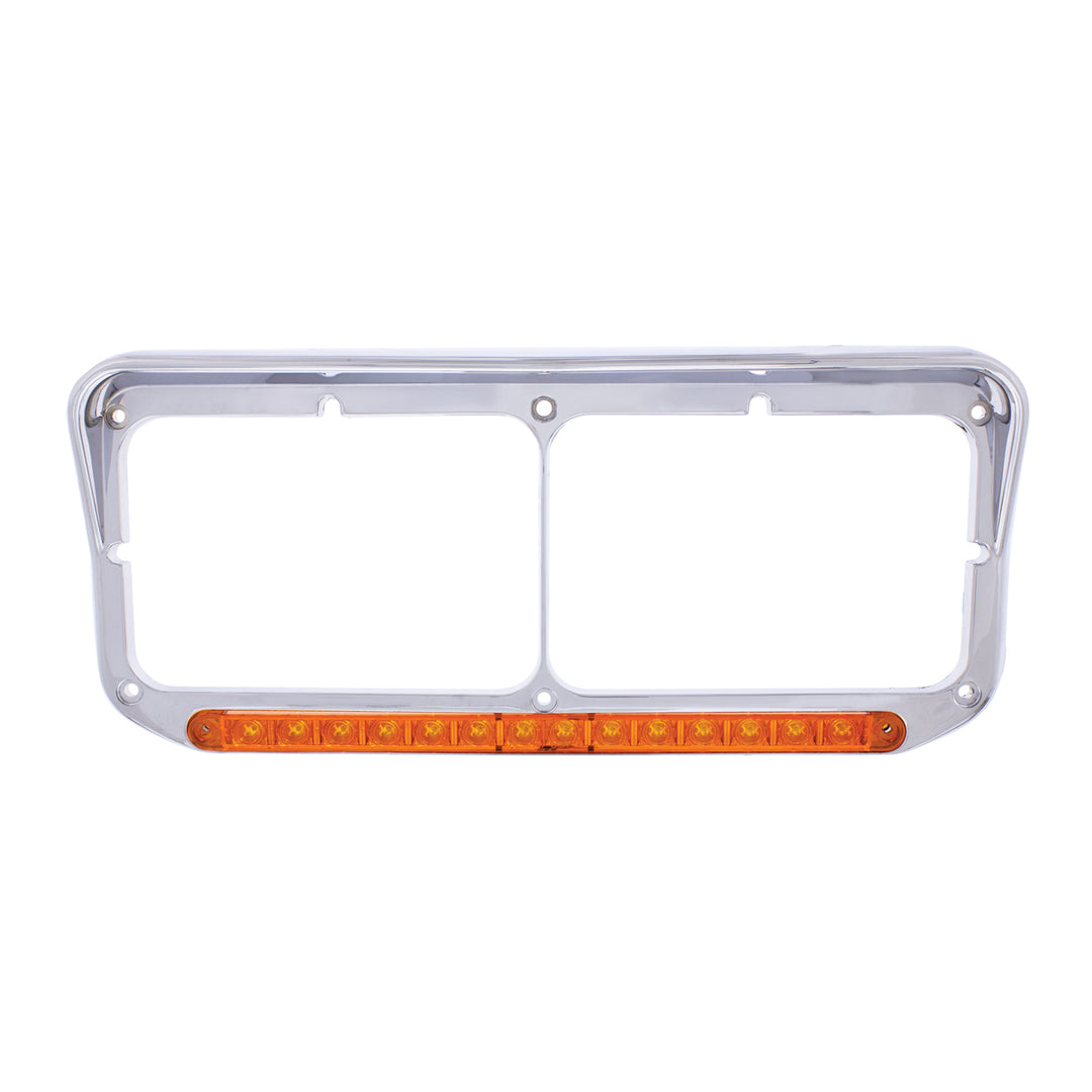 14 LED Chrome Rectangular Dual Headlight Bezel With Visor - Amber LED/Amber Lens