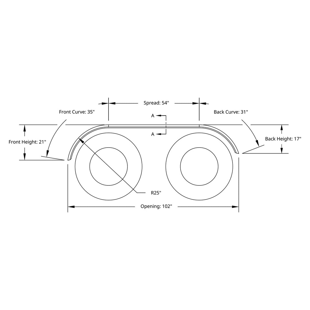 120" 430 Stainless Steel (16ga) Roll  Formed Edge Smooth Full Fender 54" Spread - SS Series (Pair)