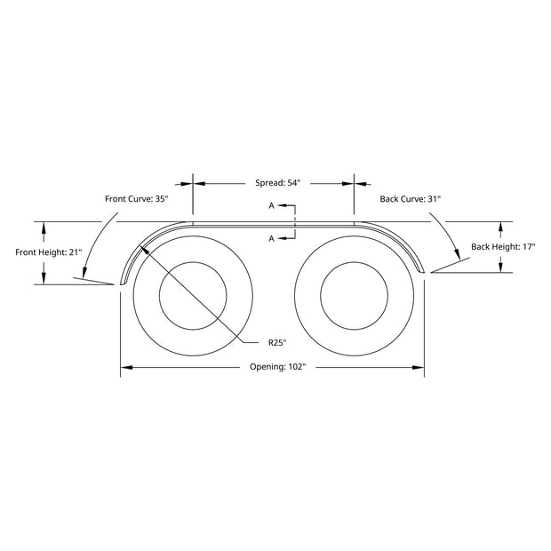 120" 430 Stainless Steel (16ga) Roll  Formed Edge Smooth Full Fender 54" Spread - SS Series (Pair)