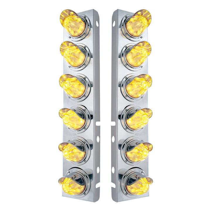 SS Front Air Cleaner Bracket With 12X 11 LED Watermelon Lights &amp; Visors For Peterbilt-Amber LED/Clear Lens