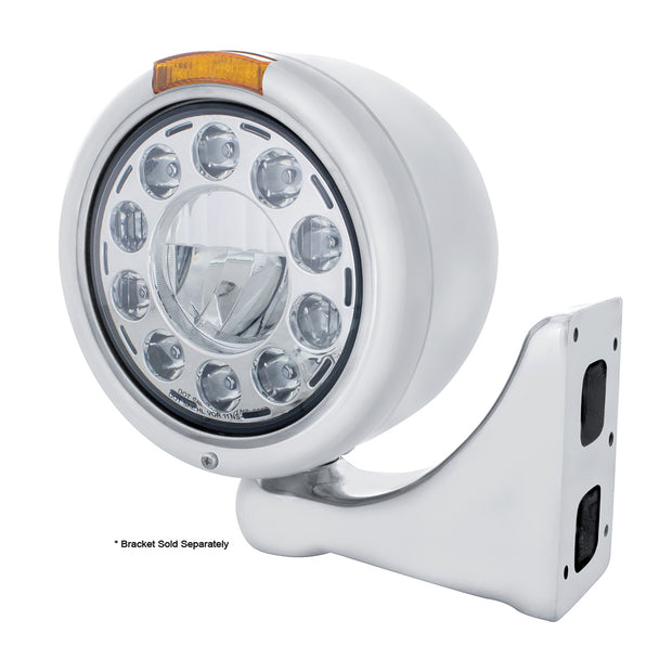 Stainless Classic Half Moon Headlight 11 LED Bulb & LED Signal - Amber Lens