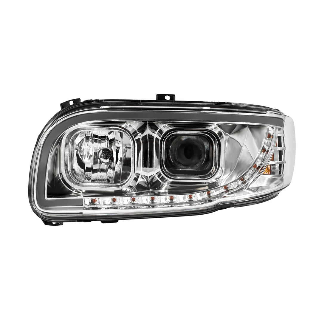 Chrome Projection Headlight With LED Turn Signal &amp; Light Bar For 2008-2024 Peterbilt 389-Driver