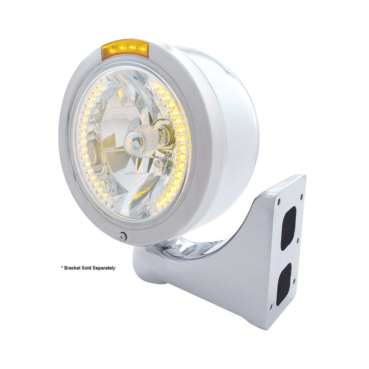 Stainless Steel Bullet Half Moon Headlight H4 With Amber LED &amp; Signal - Amber Lens