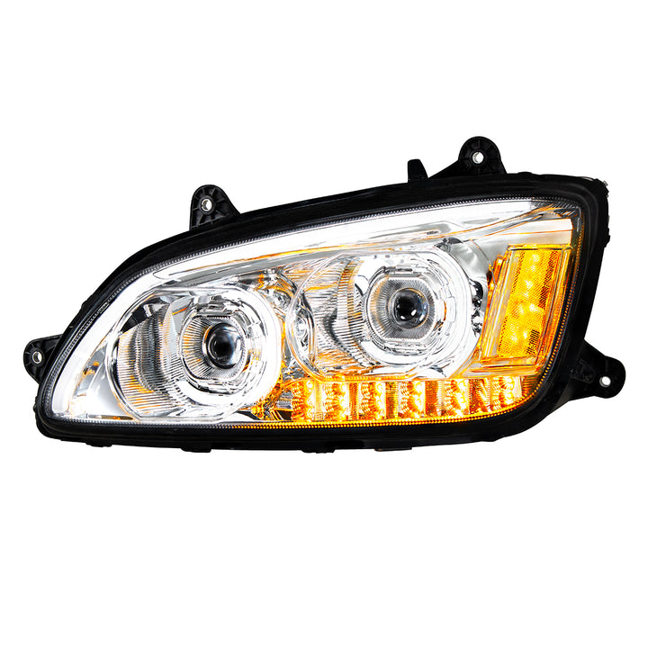 Chrome LED Headlight With LED Turn Signal &amp; LED Position Light Bar For 2008-2017 Kenworth T660 - Driver