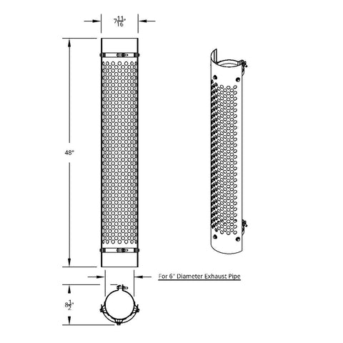 48" Tall 180 Degree Stainless Exhaust Muffler Shield For 6" Diameter Exhaust - Round Slot
