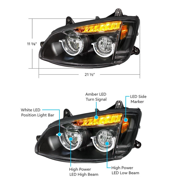 Blackout Full LED Headlight For 2008-2017 Kenworth T660-Driver