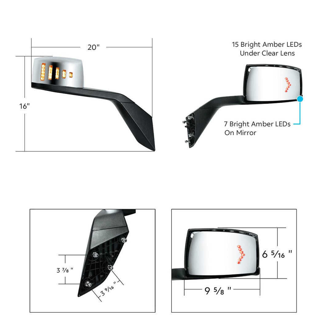 Hood Mirror Assembly W/LED Lights On Mirror Cover &amp; Glass For 2018-2024 Volvo VNL - Passenger