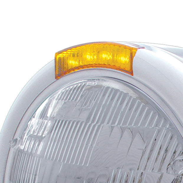 Stainless Steel Classic Half Moon Headlight H6024 Bulb & LED Turn Signal - Amber Lens