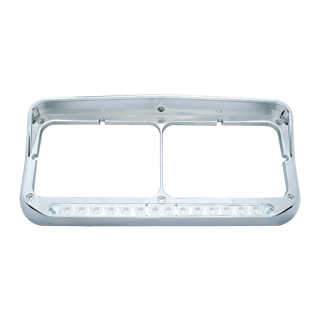 14 LED Chrome Rectangular Dual Headlight Bezel With Visor - White LED/Clear Lens