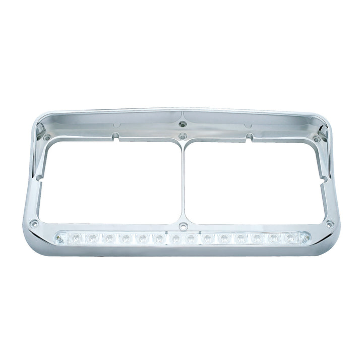 14 LED Chrome Rectangular Dual Headlight Bezel With Visor - White LED/Clear Lens