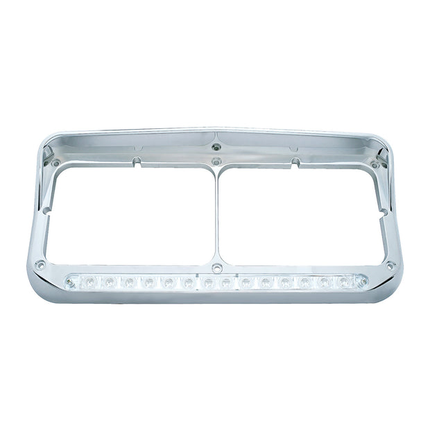 14 LED Chrome Rectangular Dual Headlight Bezel With Visor - White LED/Clear Lens