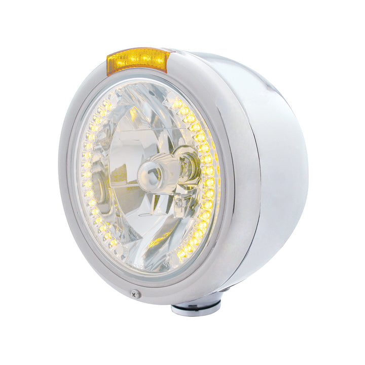 Stainless Steel Classic Half Moon Headlight H4 With Amber LED &amp; Dual Mode LED Signal-Amber Lens