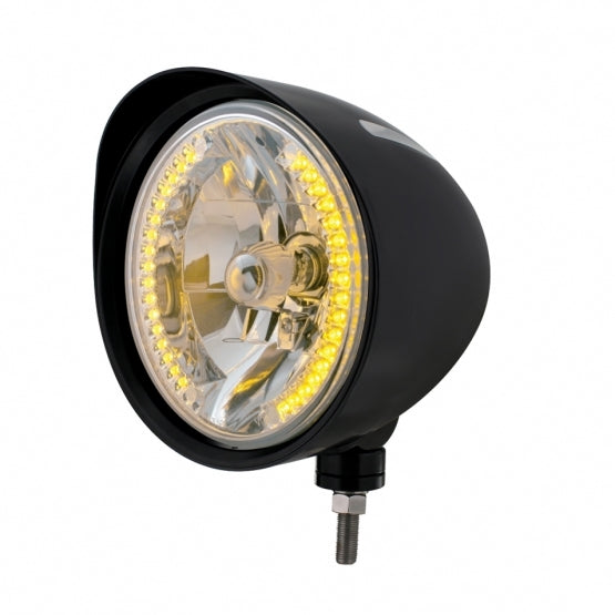 Black "Billet" Style Groove Headlight With Visor H4 Bulb With 34 Amber LED