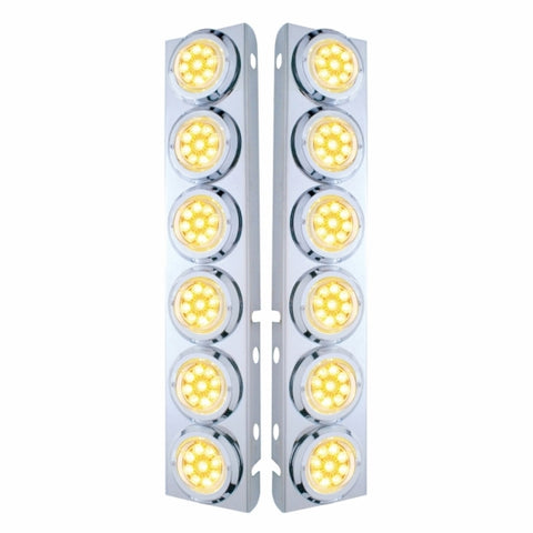 SS Front Air Cleaner Bracket With 12X 9 LED 2" Reflector Lights & Bezels For Peterbilt-Amber LED/Clear Lens
