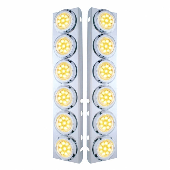 SS Front Air Cleaner Bracket With 12X 9 LED 2" Reflector Lights & Bezels For Peterbilt-Amber LED/Clear Lens