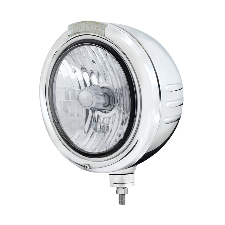 Stainless Steel Classic Embossed Stripe Headlight Crystal H4 &amp; Dual Mode LED Signal-Clear Lens