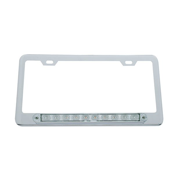 Chrome License Plate Frame With 10 LED 9" Light Bar - White LED/Clear Lens