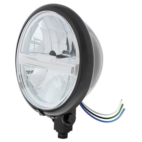Black 5-3/4" Motorcycle Headlight 8 LED Bulb With Silver Bar - Bottom Mount