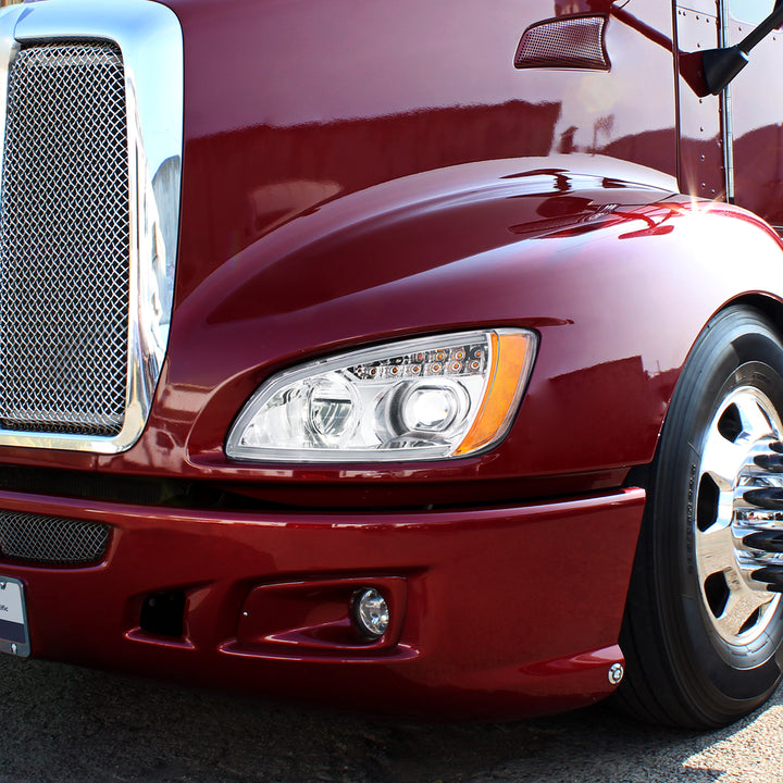 Chrome Full LED Projection Headlight With Turn Signal &amp; Position Light Bar For 2008-2017 Kenworth T660 - Driver