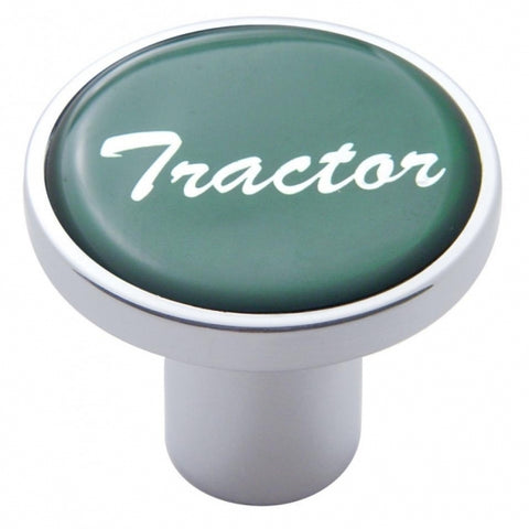 Aluminum Screw-On Air Valve Knob With Glossy Tractor Script Sticker - Green Sticker