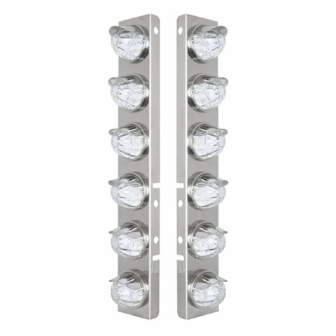 SS Front Air Cleaner Brkt With 12X 17 Amber LED Dual Func. Watermelon Lights & SS Visors For Peterbilt-Clear Lens