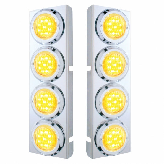 SS Front Air Cleaner Bracket With 8X 9 LED 2" Lights &amp; Bezels For Peterbilt-Amber LED/Clear Lens