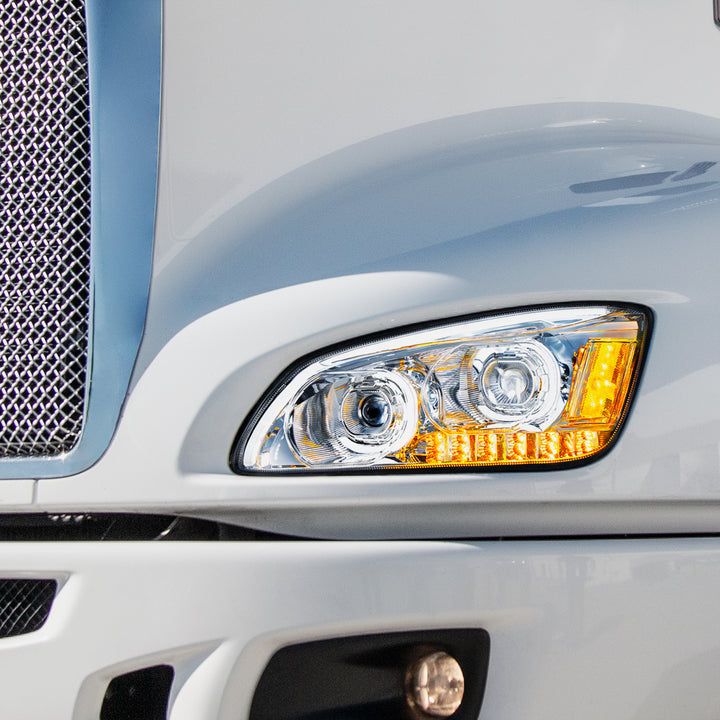 Chrome LED Headlight With LED Turn Signal &amp; LED Position Light Bar For 2008-2017 Kenworth T660 - Passenger