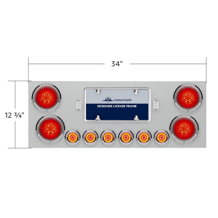 SS Rear Center Panel With Four 16 LED 4" Turbine Light &amp; Six 7 LED 2" Lights &amp; Bezels-Red LED/Red Lens