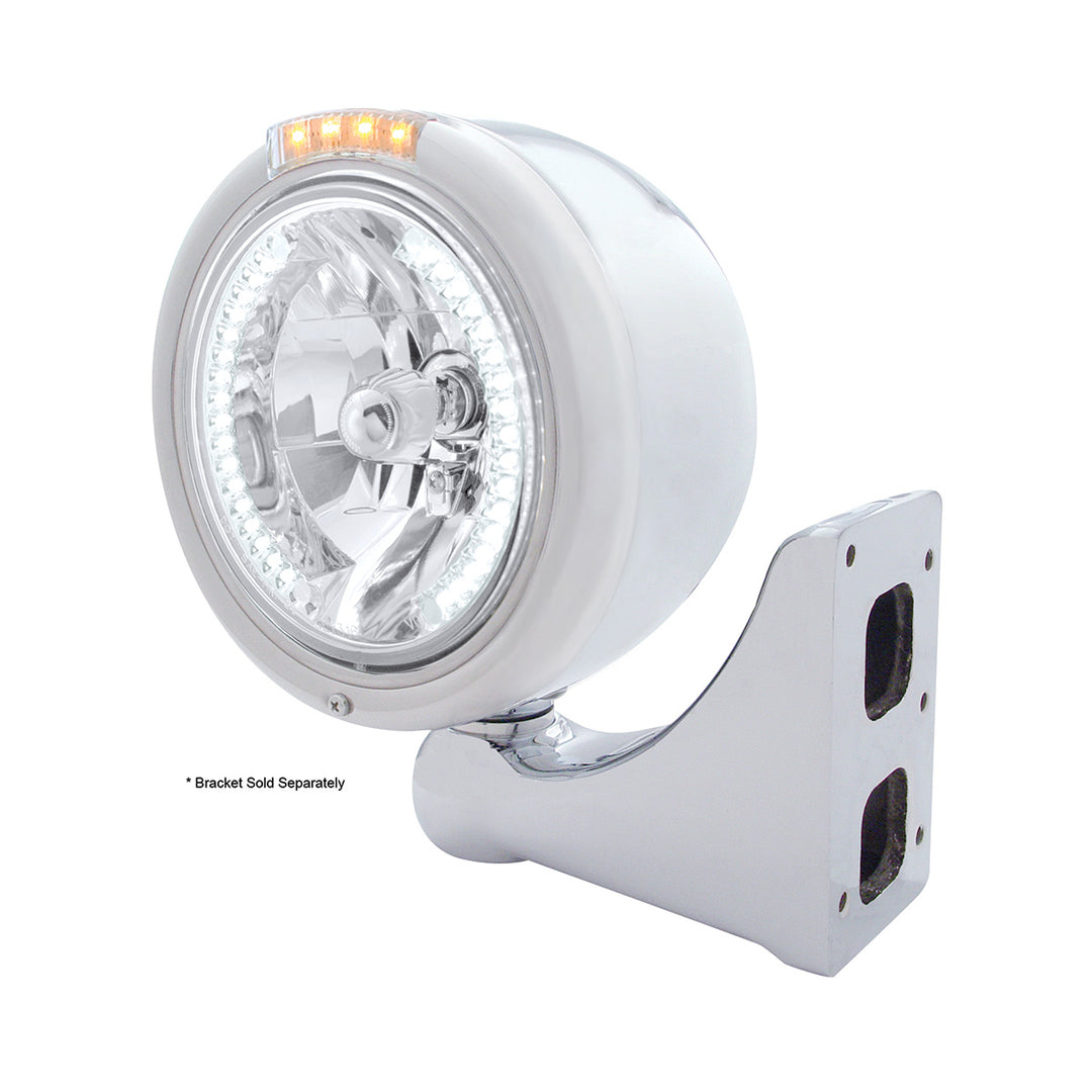 Stainless Steel Classic Half Moon Headlight H4 With White LED &amp; Dual Mode LED Signal-Clear Lens