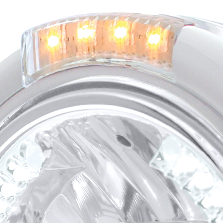 Stainless Steel Classic Half Moon Headlight H4 With White LED &amp; Signal - Clear Lens