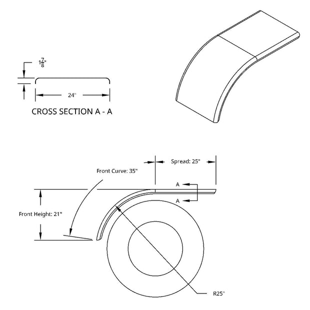 60" 430 Stainless Steel (16ga) Roll Formed Edge Smooth Half Fender - SS Series (Pair)