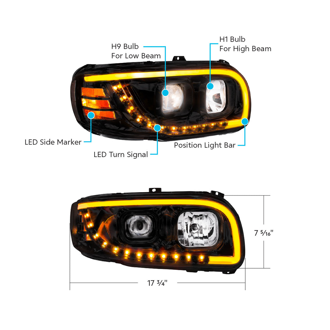 Blackout Projection Headlight With LED Turn Signal &amp; Light Bar For 2008-2024 Peterbilt 389-Driver