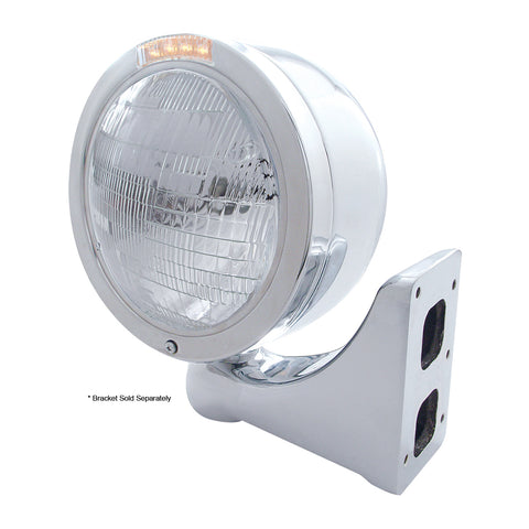 Stainless Steel Bullet Half Moon Headlight 6014 Bulb & LED Turn Signal - Clear Lens