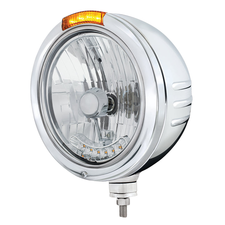 SS Bullet Embossed Stripe Headlight H4 With 6 Amber LEDs &amp; Dual Mode LED Signal -Amber Lens