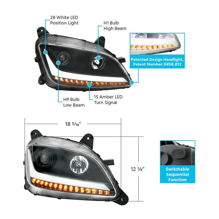 Black Projection Headlight With LED Position &amp; Sequential Signal For 2012-2021 Peterbilt 579- Passenger