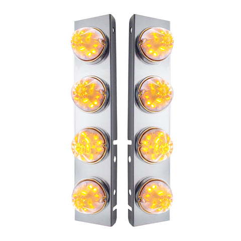 SS Front Air Cleaner Bracket With 8X 17 LED Watermelon Lights & SS Bezels For Peterbilt -Amber LED/Clear Lens (Pair)