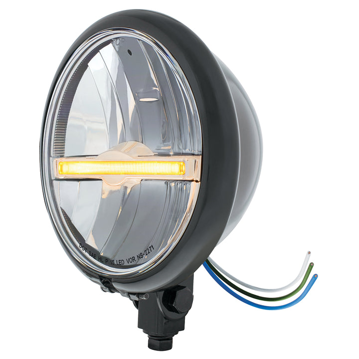 Black 5-3/4" Motorcycle Headlight 9 LED Bulb With Amber LED Light Bar - Bottom Mount