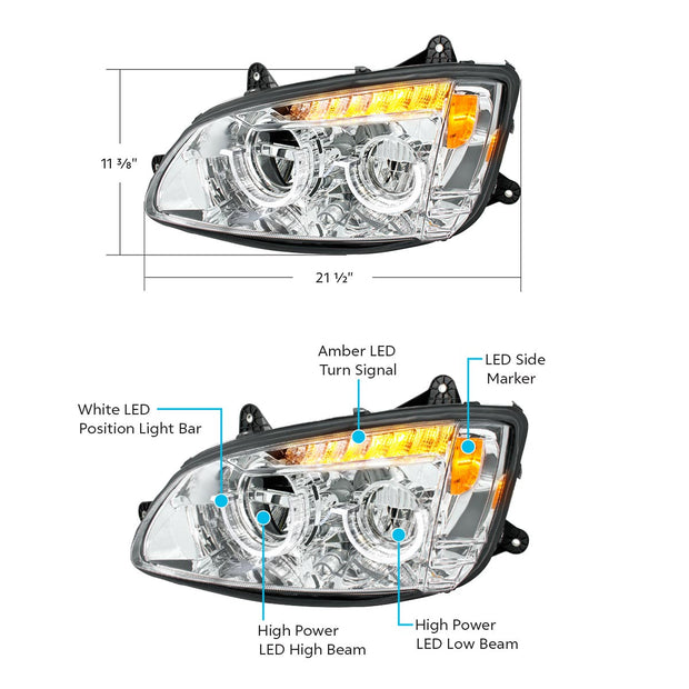 Chrome Full LED Headlight For 2008-2017 Kenworth T660-Driver